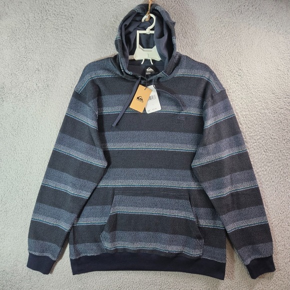 $70 NEW Quiksilver Sweater w Hoodie Men Large Stretch Blue Striped - Picture 1 of 11